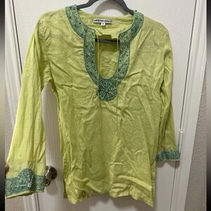 Barbara Gerwit 100% Linen Green Beaded Tunic long Sleeve Boho Beach Resort Sz M